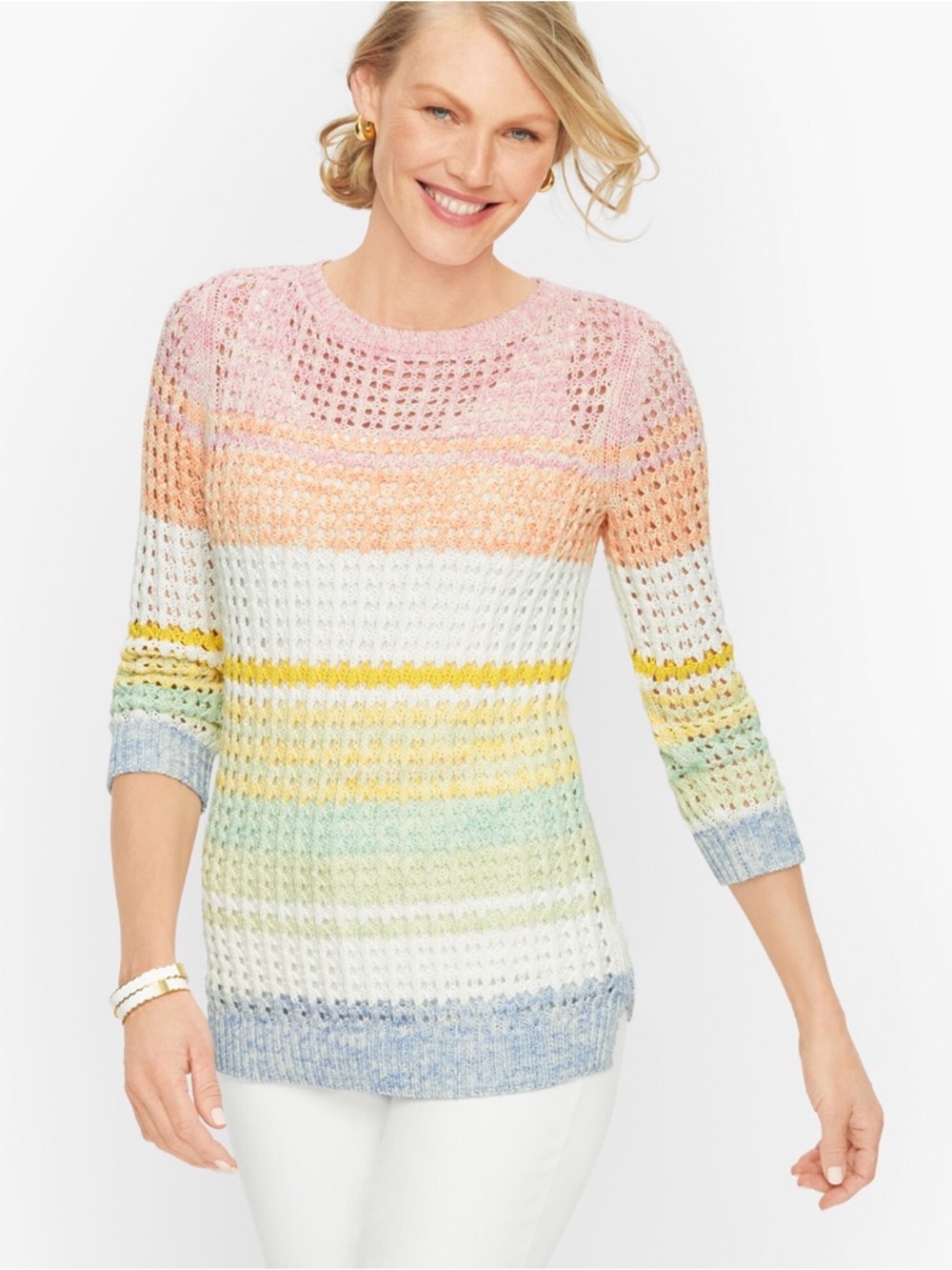 Talbots NWT 100% Cotton Pastel Stripe Coastal Open Knit Lightweight Sweater Sz L
